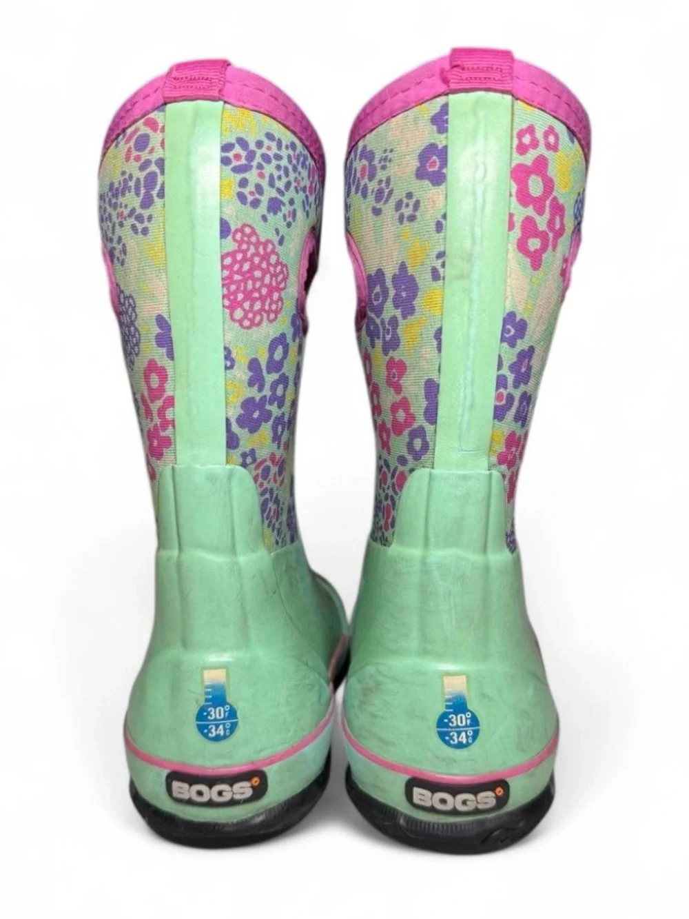 BOGS Mint Green Pink Floral Insulated Waterproof Rain Snow Boots -30°F Youth 1